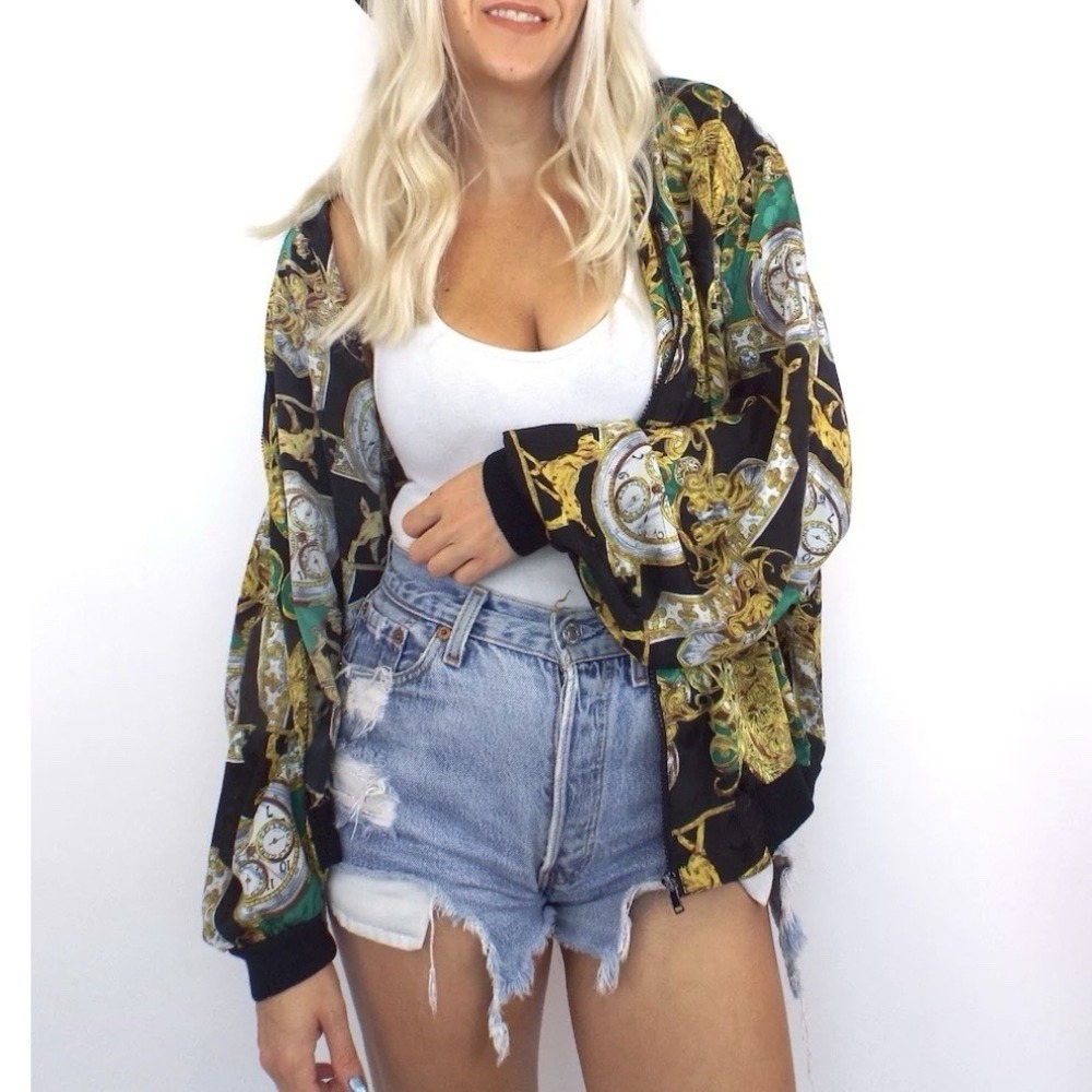 Vintage 90s Papell‎ Too Baroque Pocket Watch Chain Print Bomber Jacket M